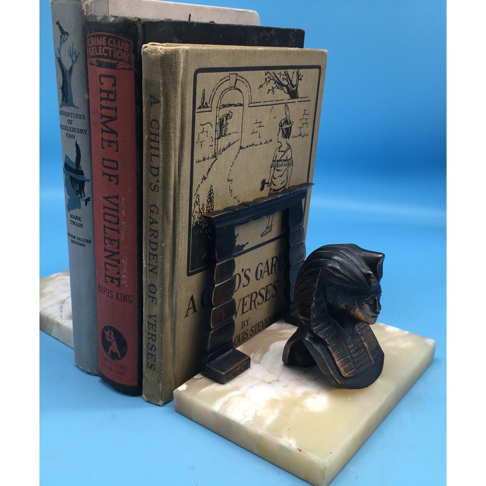 Brass Egyptian head Bookends On Blond Marble Base - Picture 4 of 10